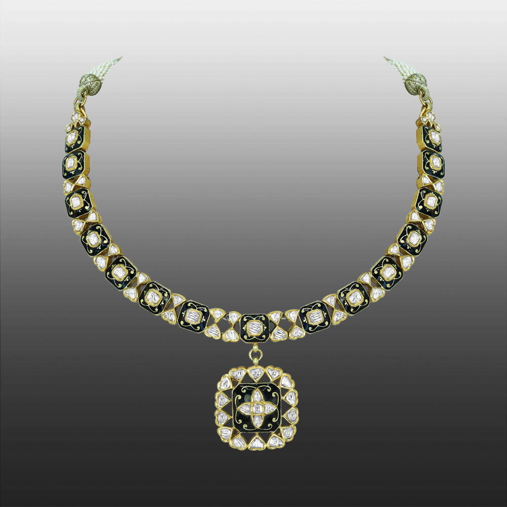 Polki Necklace with Black Enamel Squares and Central Pendant